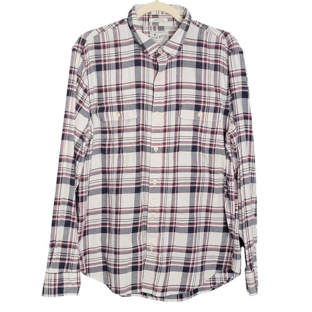 Lucky Brand White Plaid Saturday Stretch Button Down Shirt Mens Large L